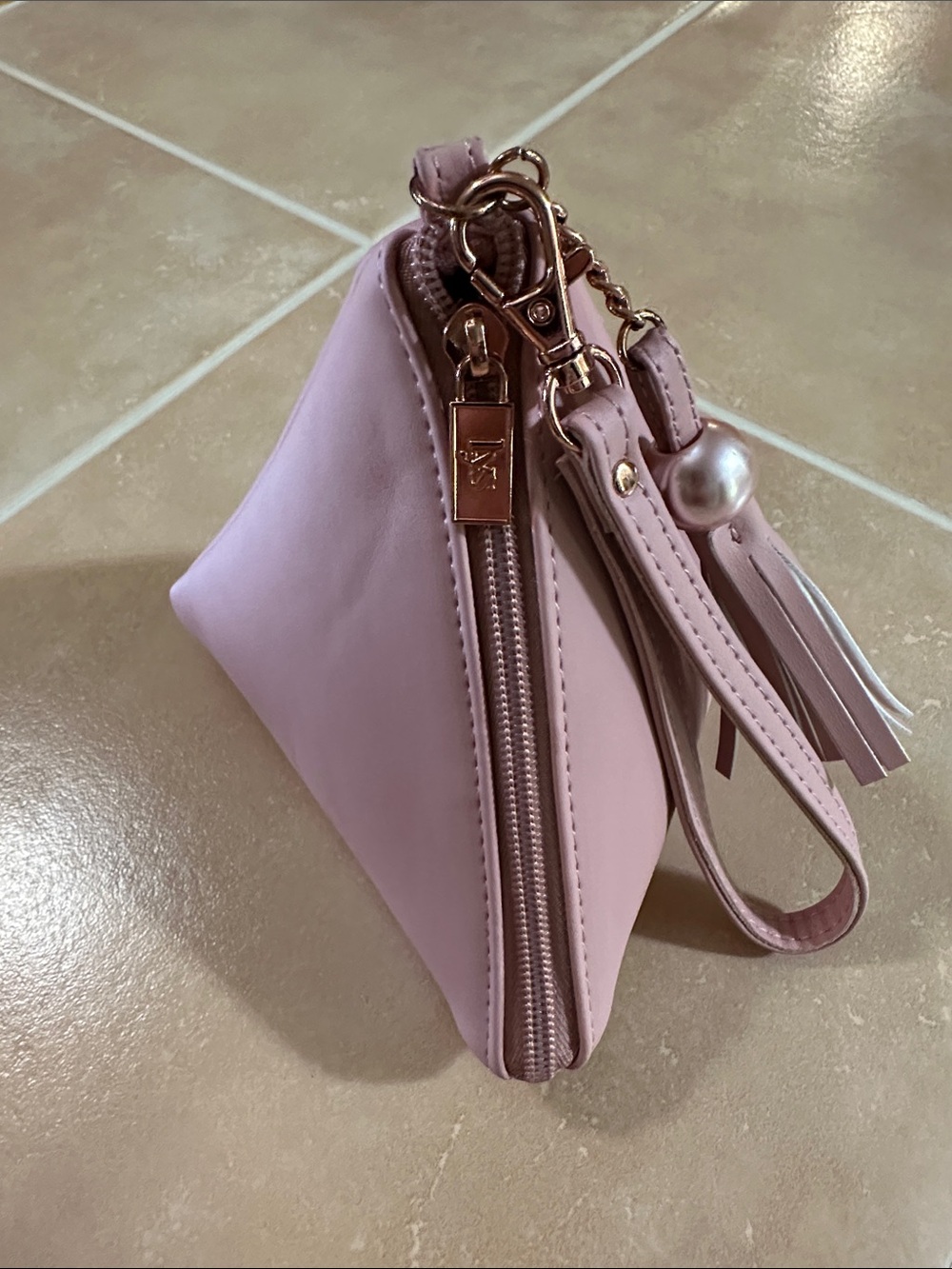 Women's Blush Pink Wristlet Clutch with Tassel & Pearl Charm